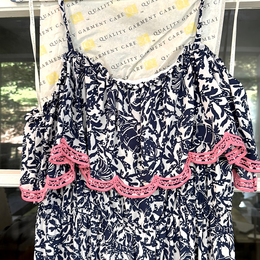 Lily Pulitzer maxi dress in vibrant blue with pink trim